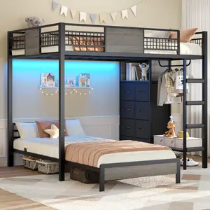ADORNEVE Full Over Twin Bunk Bed with 8 Storage Drawers, Metal Loft Bed with Led Lights & Storage Shelves, Bunk Beds Twin Over Full Size with 13.4" H Safety Guardrail & Ladder, for Kids & Teens