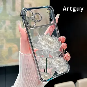 White Peony Grace Pattern Four Corner Anti-Fall Phone Case Transparent Electroplated Protective Cover for iPhone 17 Pro Max 16 Air 15 Plus 14 13 12 11 E