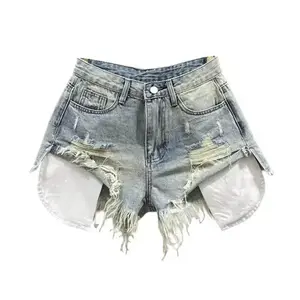 Korean vintage blue sexy ripped jeans for women, patchwork A-line high-waisted denim ultra shorts bottoms, womenswear