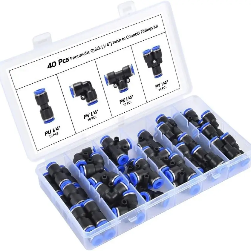 Air Hose Fittings,10 Splitters,10 Elbows,10 Tees,10 Straight,Pneumatic Push to Connect Fittings for 1/4 inch Tube Easy to Install Air Hose Connectors
