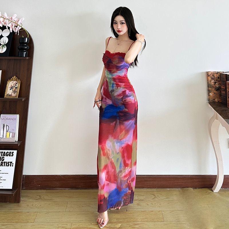 Women's Sexy Elegant Polyester Bodycon Maxi Dress, Colorful Tie-Dye Print, Spaghetti-Strap Sleeveless Strap Collar, Slim-Fit Style, Summer Fashion Trend Piece for Streetwear, Women Clubbing Clothes