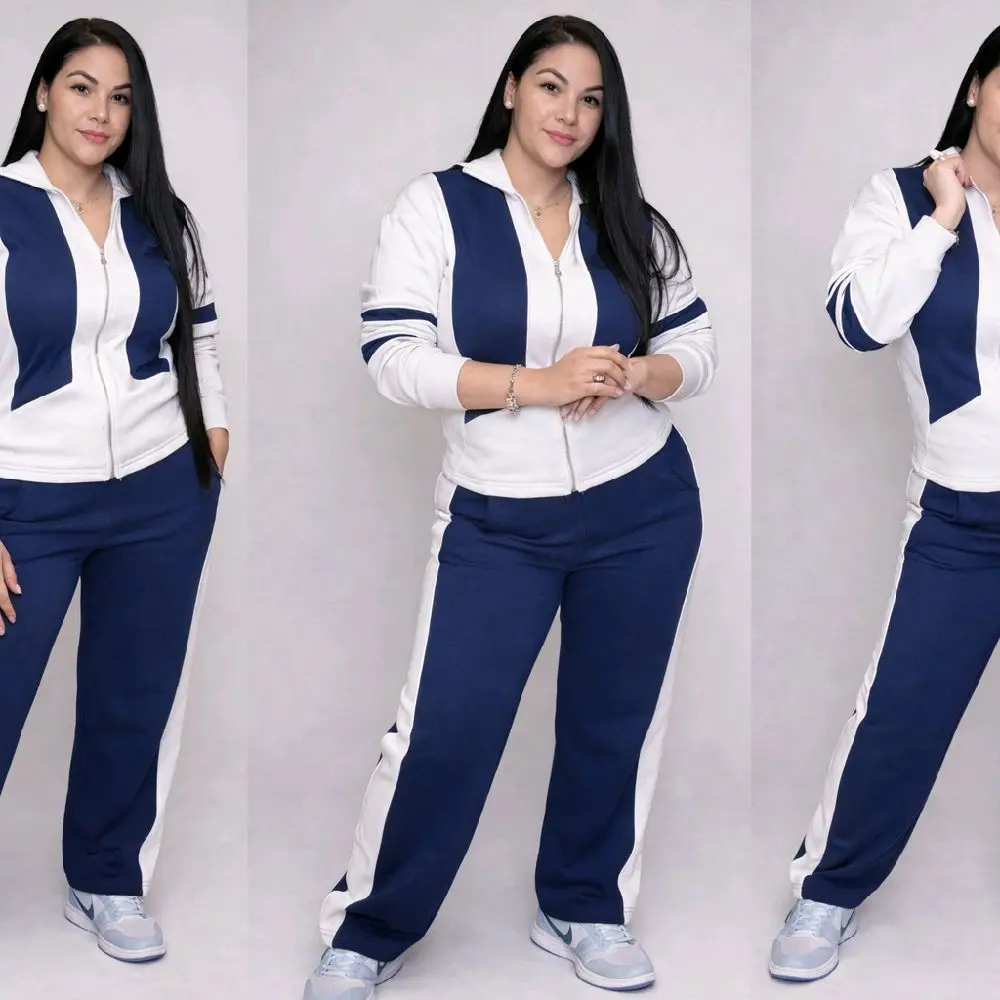 Set Casual Azul y Blanco para Mujer con Chaqueta y Pantalones de Tela Suave y Cómoda