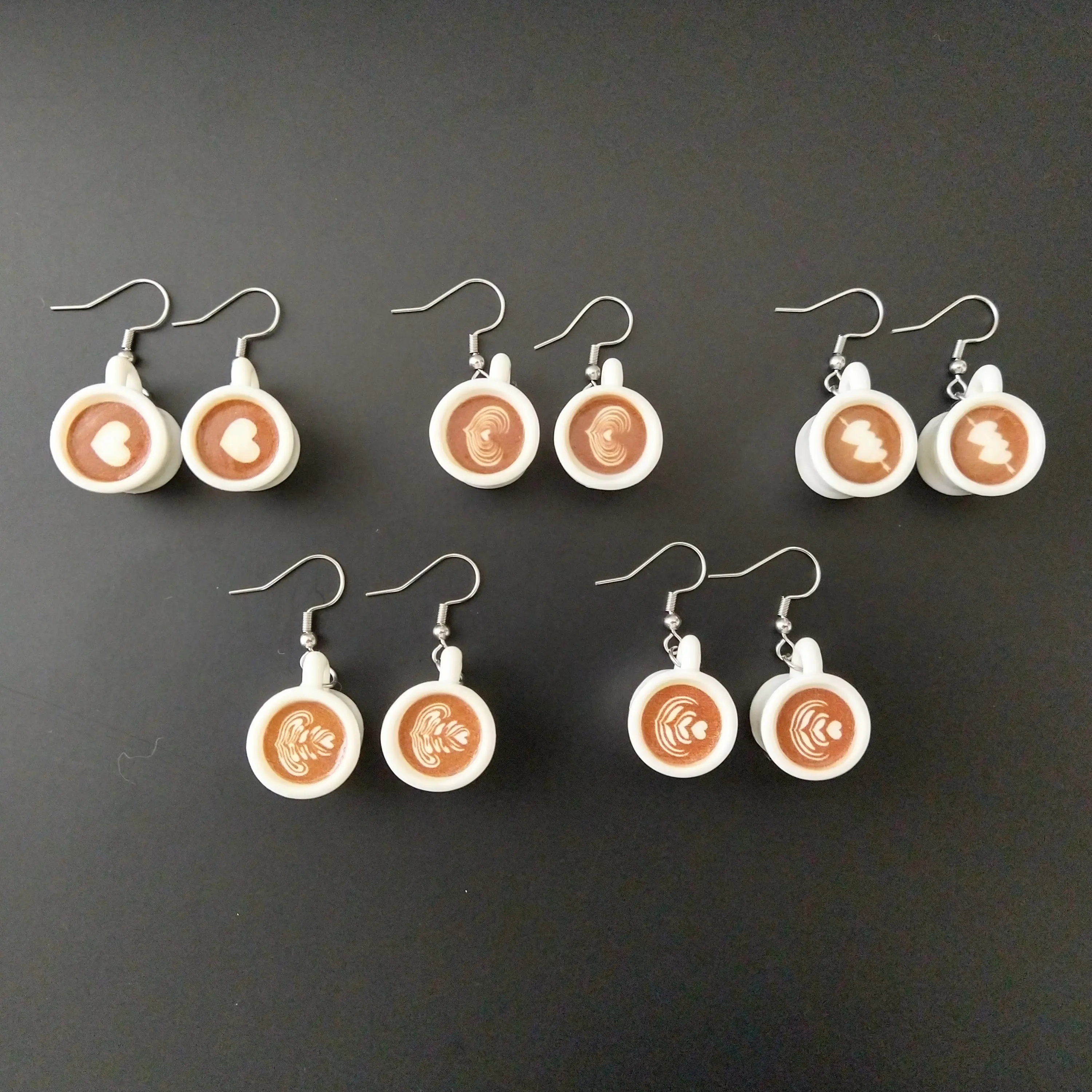 #198 Latte Coffee with Various Foam Designs Earrings- Casual Food Coffee Fall Autumn Jewelry