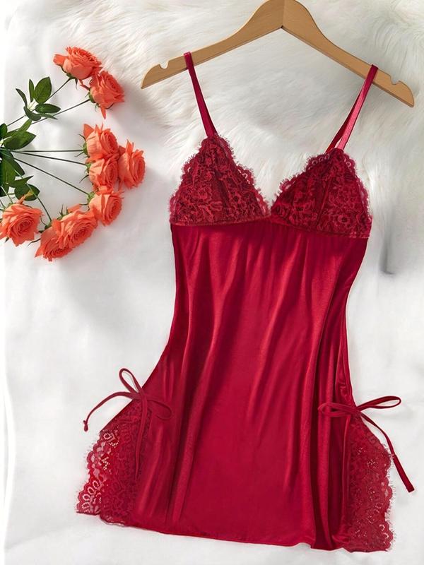 Altrumate Women's Knitting Fitted A-Type Night Gowns - Deep V-Neck, Adjustable Spaghetti Straps, Lace Chemise, High Side Slits, Bow, Stretchy Year-Round Sleepwear Loungewear