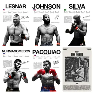 UFC boxing star fighters Lesnar  Johnson  Silva  Nurmagomedov  Pacquiao  Pereira canvas poster, champion career data signature style print, MMA boxing legends wall art, personalized decoration for men's gym and bedroom