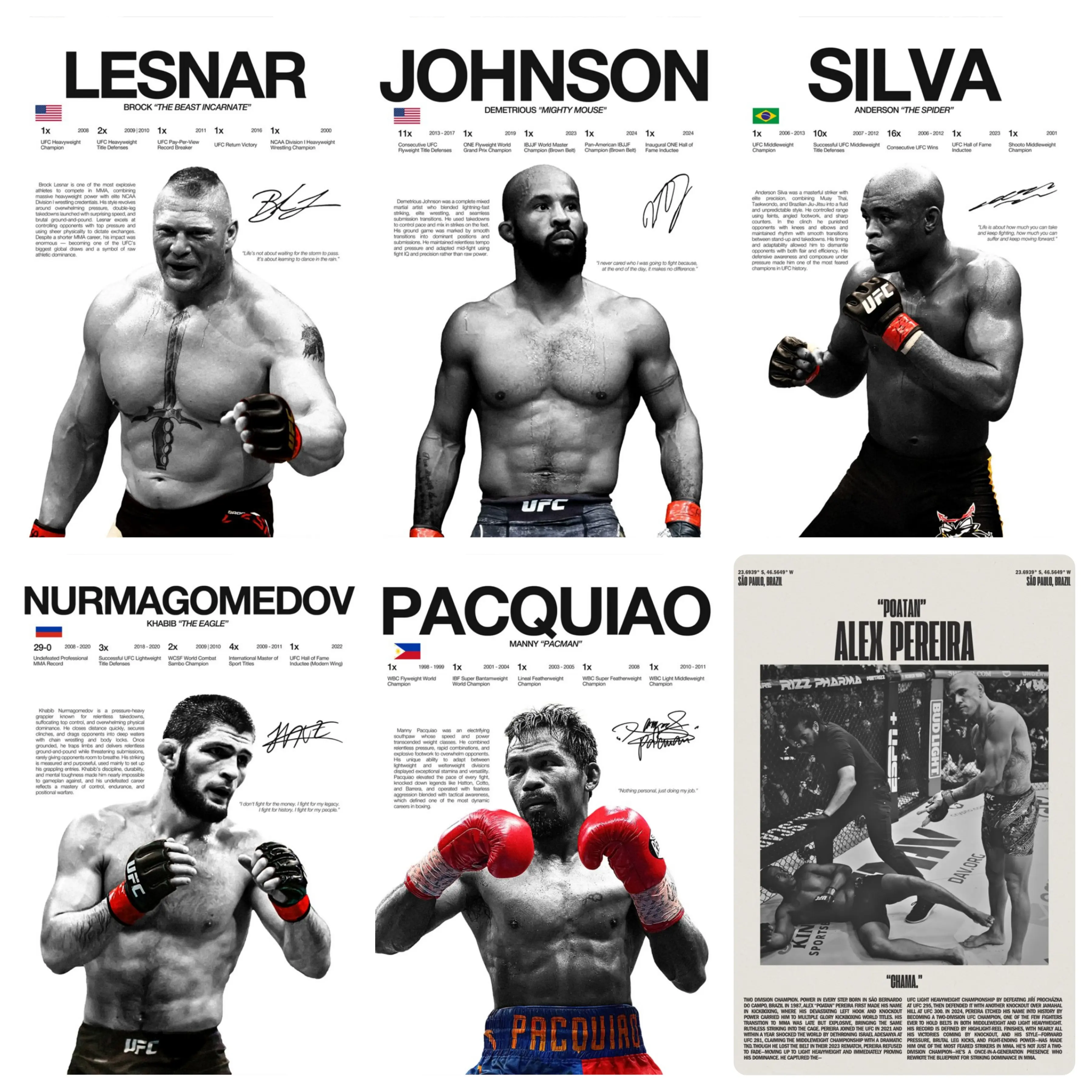 UFC boxing star fighters Lesnar  Johnson  Silva  Nurmagomedov  Pacquiao  Pereira canvas poster, champion career data signature style print, MMA boxing legends wall art, personalized decoration for men's gym and bedroom