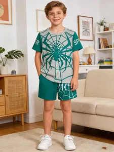Boys' Spider Theme Printed Set, Casual Breathable Quick-Dry Track Shorts & T-Shirt, Summer Fall