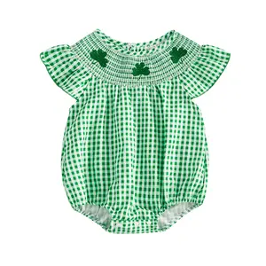 My First St Patricks Day Baby Girl Outfit Infant Plaid Bubble Romper Shamrock Embroidery Irish Day Spring Clothes