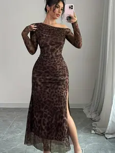Women's Leopard Print Tulle Dress, Elegant Fashion Casual Long Sleeve Lady Dress for Daily Outdoor Wear, Women Dress for Summer, Womenswear