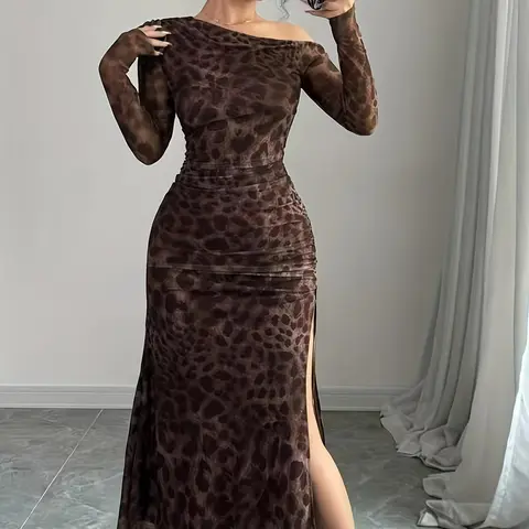 Women's Leopard Print Tulle Dress, Elegant Fashion Casual Long Sleeve  Dress for Daily Outdoor Wear, Women Dress for Summer