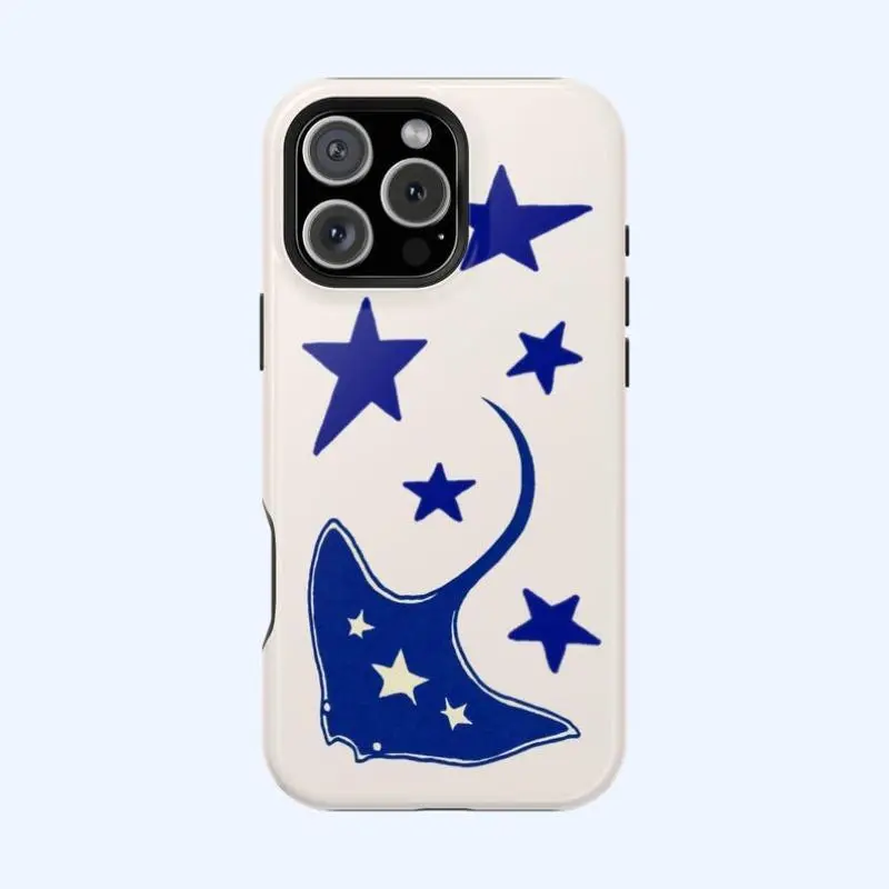 Navy Blue Star Stingray Y2K Design Smartphone Case - Cute Fish Sea Ocean Celestial Theme, Cellphone Handheld Accessories Shell for iPhone 17, 16, 15, 14, 13, 12, 11 Pro Max Plus