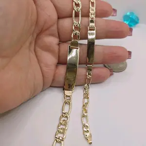 Couple Gift Bracelets Set Engraving Available Gold-Plated 7" & 8" Figaro Style Non Tarnish Stainless Steel Bangle Jewelry