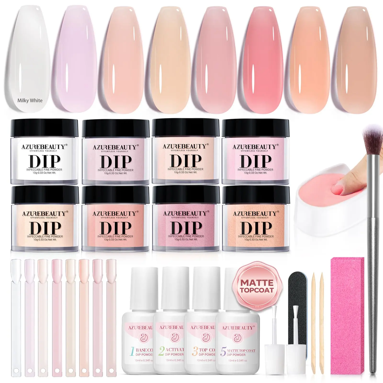 AzureBeauty Dip Powder Nail Kit, Jelly Translucent Milky White Sheer Pink Nude Neutral Clear 8 Colors, Dipping Powder Liquid Set Added Matte Top Coat with Nail Sticks French Nail Art Manicure Salon Nail Care Nail Polish