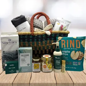 Cancer Self Care Market Gift Basket for Children - Cozy Charcoal Socks, Mineral Gray Waffle Weave Throw, Herbal Tea, Honey Lotion, Lip Balm, Apple Chips