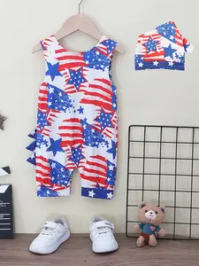 Summer Sleeveless Vest Short Jumpsuit Romper, Independence Day Style, Casual Kids Clothing, Fashion