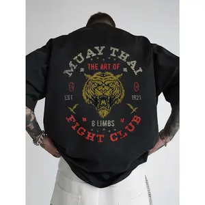 Men's Muay Thai Fight Club Graphic T-Shirt - Bold Tiger & Stars Back Print, Black Casual Short Sleeve Tee, 100% Polyester, Machine Washable, Summer Beach Vacation Gift for Men, Festival Clothing, Statement Tee, Breathable Material, Print Shirt, Streetwear