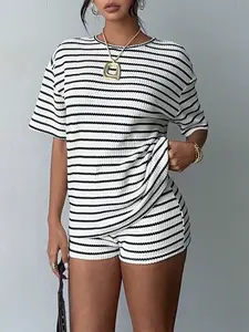 Women's Striped Round Neck Short Sleeve Loose T-Shirt Set, Elastic Waist Striped Shorts, Casual Summer, Boho Bohemian Style
