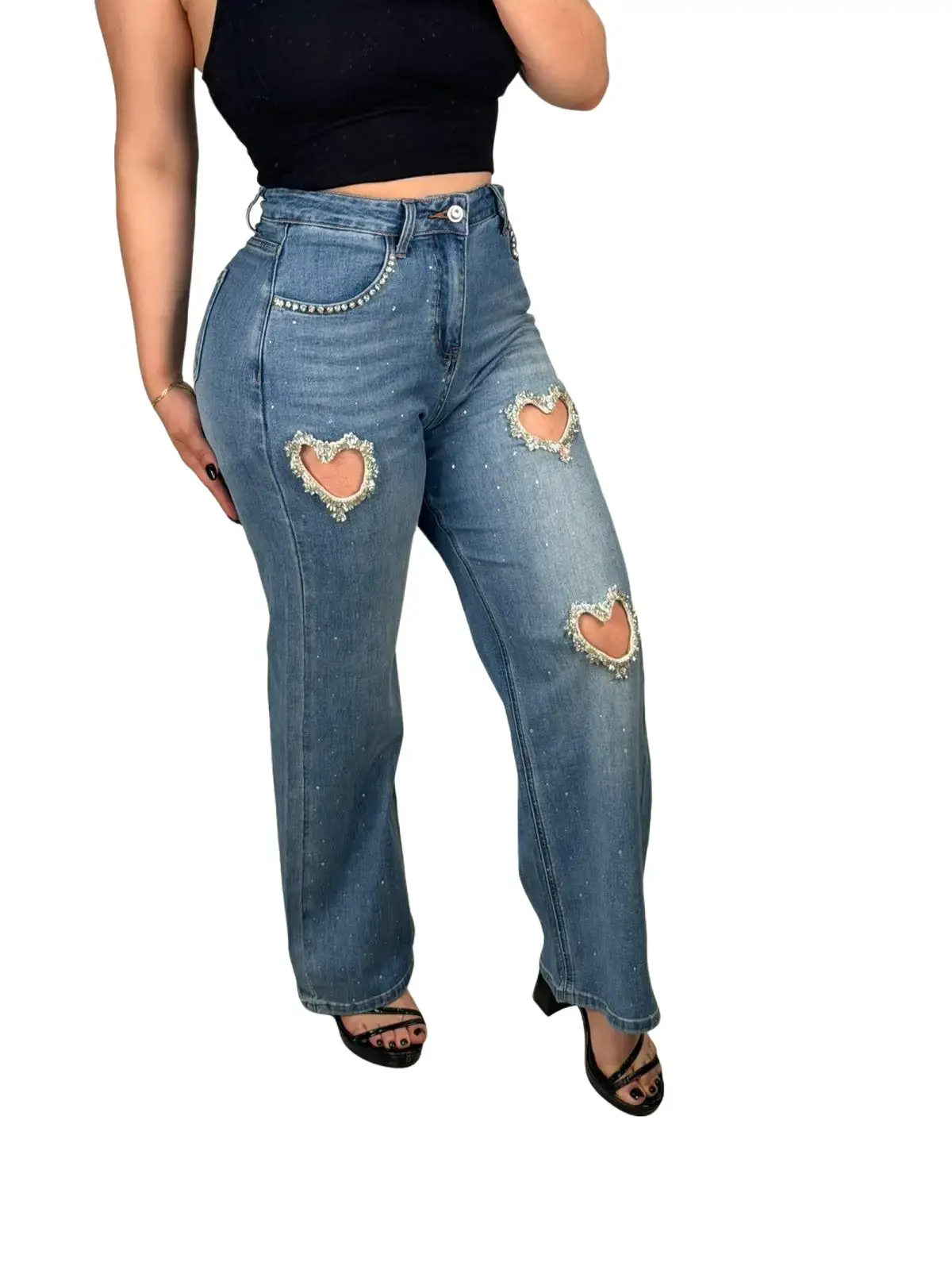 Hearts Rhinestone Straight Denim Jeans - True To Size & Stretchy