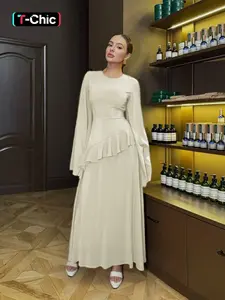 Pure Color Elegant Chic Long Sleeve Dress (long), Fitted Ruffle Design, Extra-Long Sleeve, Spring & Fall Fashion, Plain Style, Womenswear