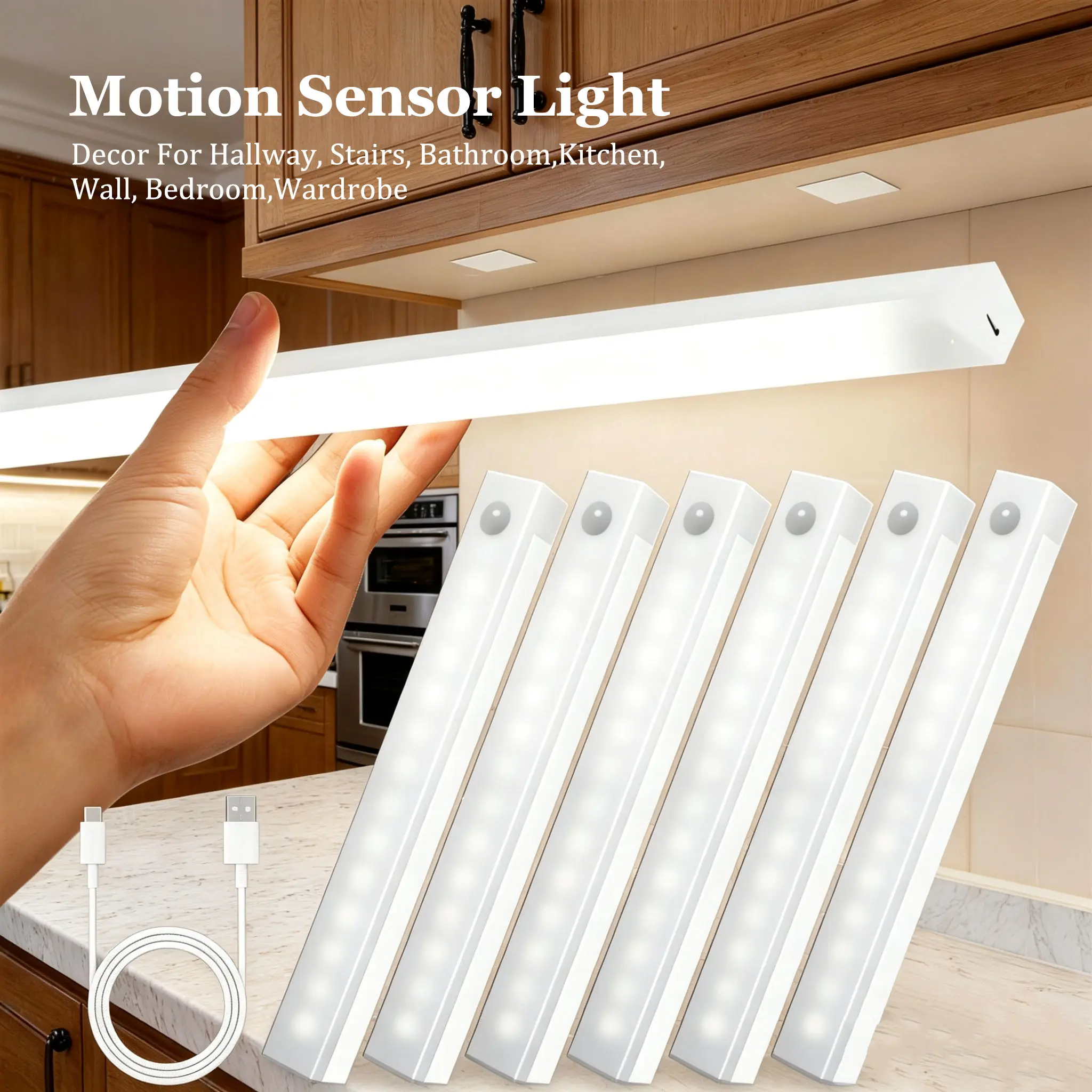 USB Rechargeable LED Under Cabinet Night Light, Magnetic Wireless with Motion Sensor, Warm White Closet Lighting For Stairs & Bedside Wardrobe Hallway Shelf Bedroom and Kitchen Table, Decor Home, Gift,Festival and Valentine's Christmas