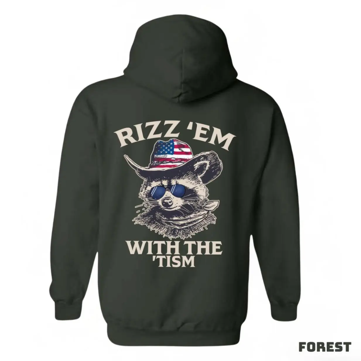 Rizz 'Em With The 'Tism Hoodie - Featuring a raccoon wearing an American cowboy hat and sunglasses, Gift For Him, Gift For Her Fabric Menswear Shirt