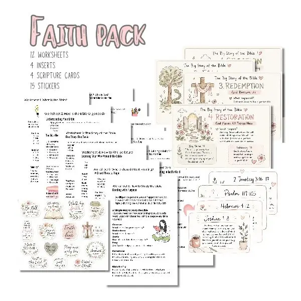 Bible Basics Faith Pack | Bible Study Kit | Christian Journaling Set | Bible Worksheets, Scripture Cards & Stickers