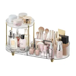Makeup Organizer Countertop for Vanity, Rotating Perfume Tray with 5-compartment Cosmetic and Skincare Organizers, Multi-Purpose Desk Storage Makeup Brush Holder for Bathroom Bedroom Counter Transparent Smooth