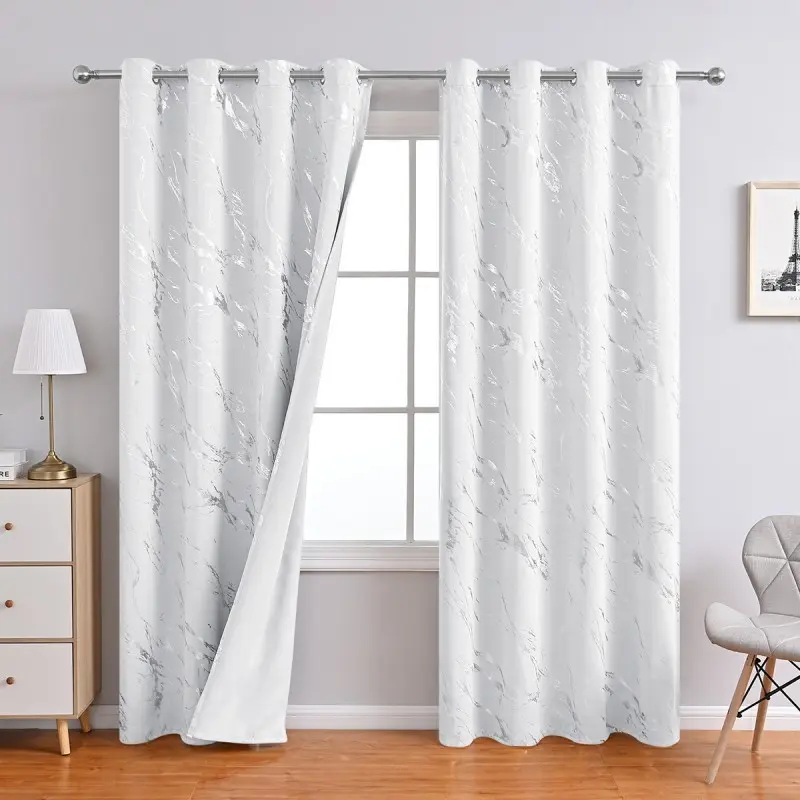 1pc Minimalist Marble Print Blackout Privacy Grommet Window Curtains, Grommet Top, Silver Foil Detail, Heavy Duty Light Blocking, Ideal for Living Room, Bedroom, Kitchen, and Bathroom, Create Sleek Aesthetic