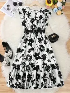 Teenage Girls Floral Midi Dress with Belt, Casual Round Neck, Pleated Sleeves, Polyester Fiber, Perfect for Summer