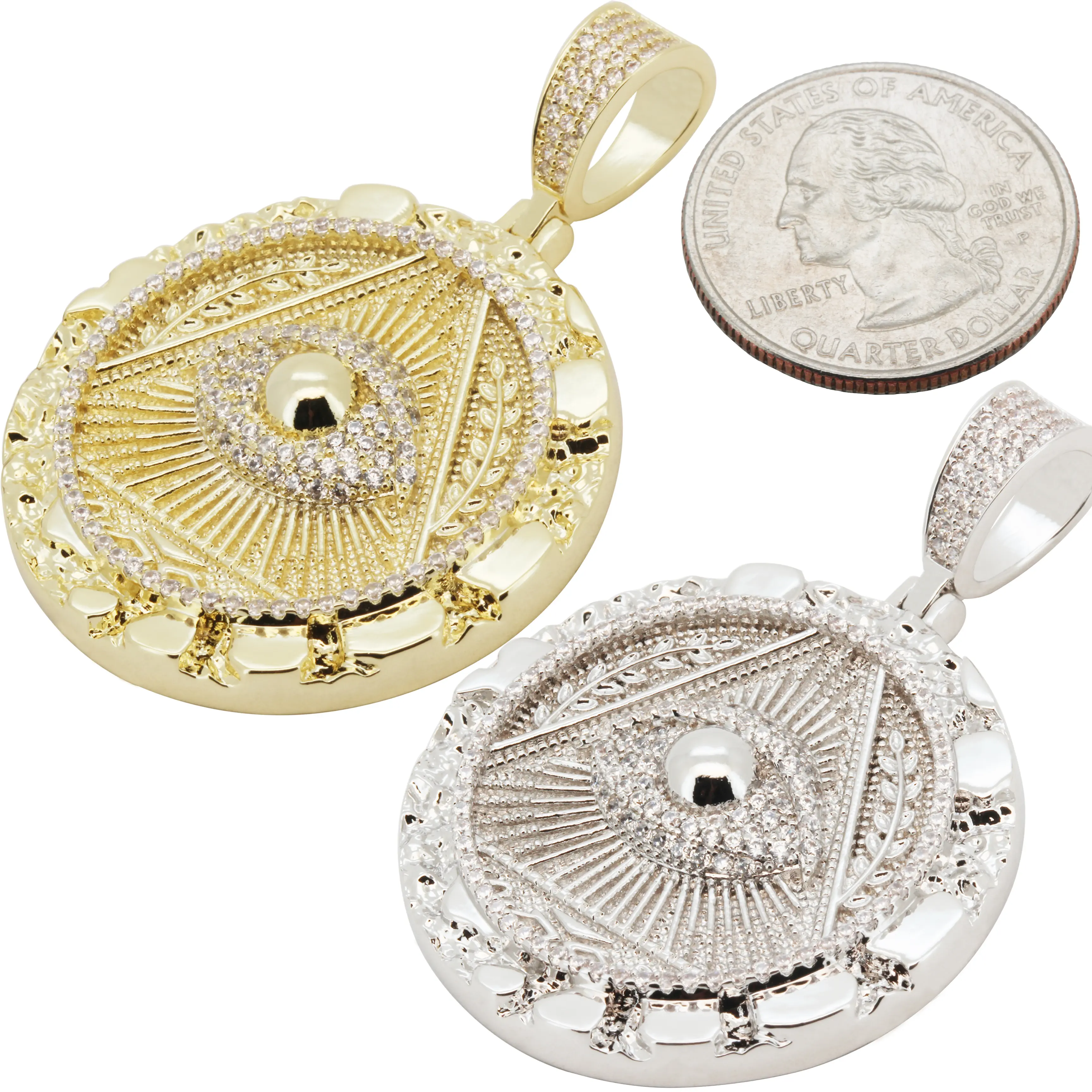 14k Yellow/White Gold Plated AAA Cubic Zirconia Illuminati Eye Masonic Pyramid Pendant