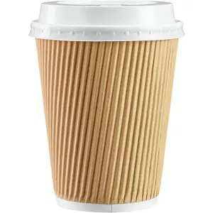 Insulated Kraft Ripple Paper Hot Cups, Disposable Coffee Cups With Lids, 12 oz., 50 Sets-Ideal for Hot Beverages, Travel, and Office Use