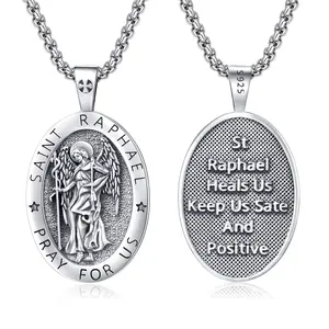 AUDINCEED S925 Sterling Silver Saint Raphael Pendant Protection Amulet Archangel Necklace with Engraved Word
