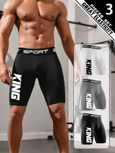 Men's King Letter Print Slim-Fit Shorts, Breathable Quick-Dry High Elasticity, Gym Running Streetwear, Fitness Training Shorts, Gym Sports Shorts, Workout Impact Shorts, 3 Colors Available