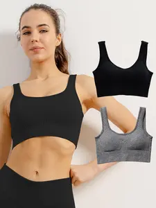 Women's Solid Sports Vest, 3 Count Breathable Comfortable Removable Chest Pad Crop Sports Top for Yoga Gym Workout, Ladies Sportswear for All Seasons