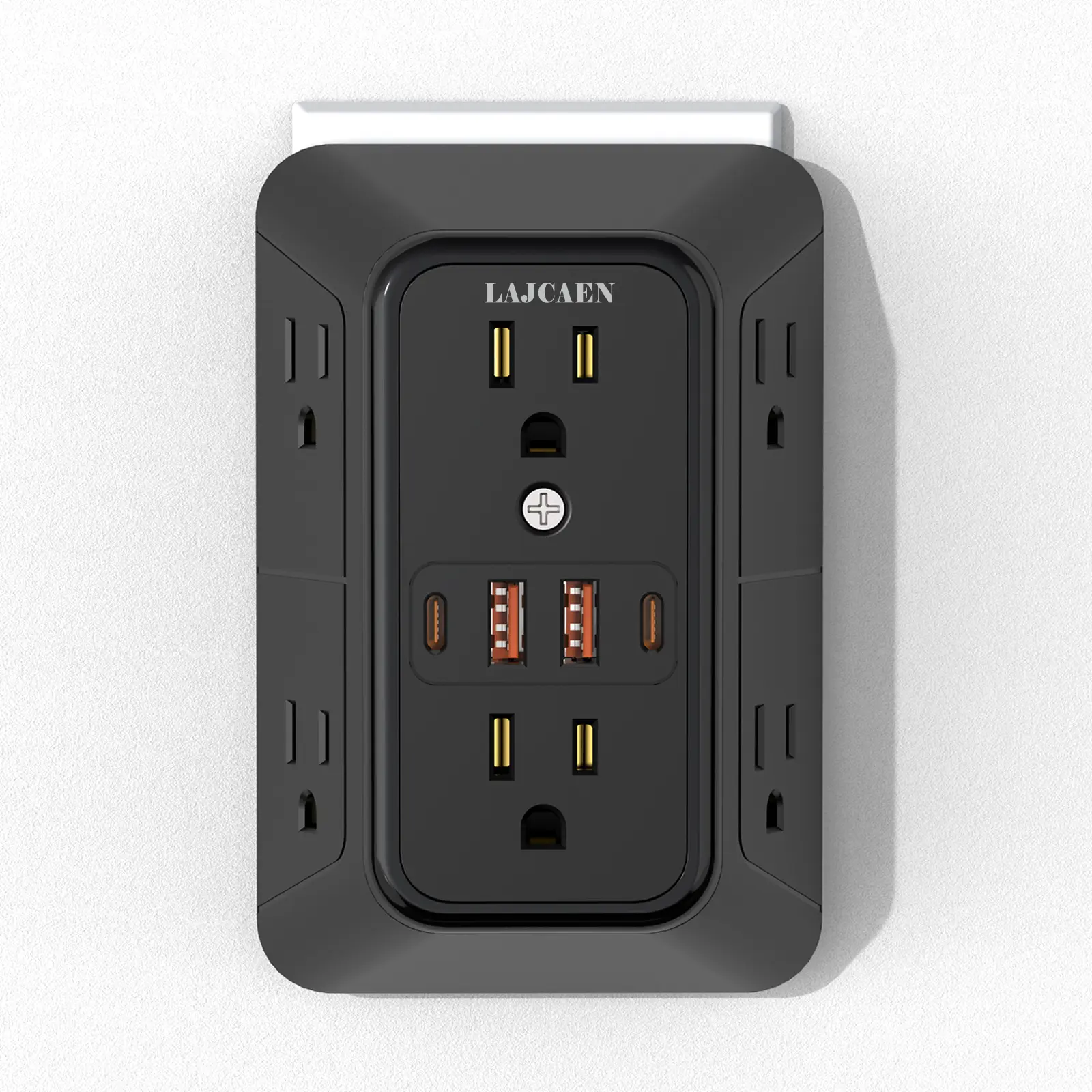 Mountable Rectangle Surge Protector Power Strip - 6 Wide Spaced Outlets, 4 USB Charger Ports (2 USB C), 3-Sided Plug Splitter, 1875W Wall Outlet Extender for Desks, Dorms, Phones, Laptops