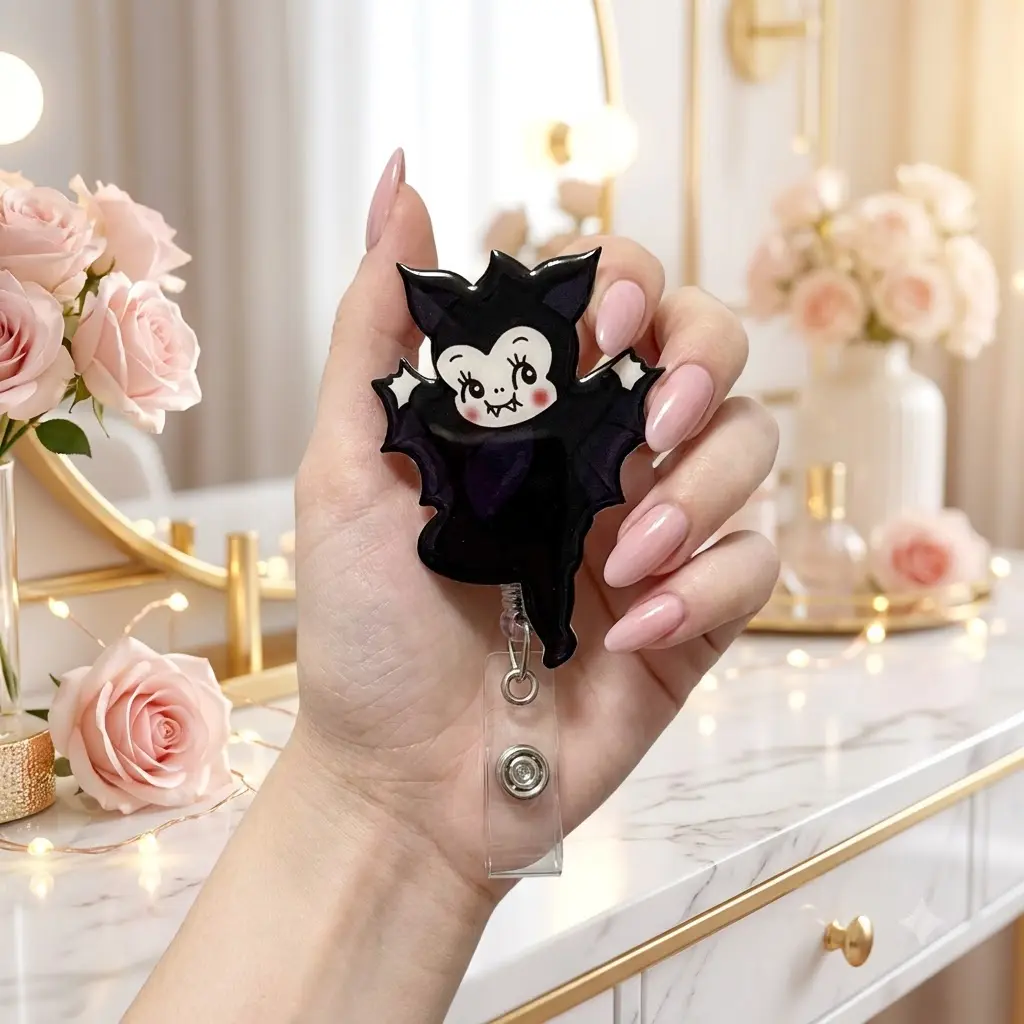 Kewpie Baby Bat Badge Reel, Spooky Cute Halloween Retractable ID Holder, Acrylic Nurse Teacher Creepy Cute Gothic Name Tag Clip, Gift