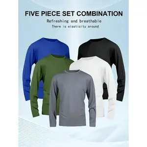 5-piece men's quick drying long sleeved shirt - moisture wicking, breathable polyester fiber, round neck, solid color casual sportswear, machine washable, moisture wicking clothing round neck T-shirt | elastic materialRAIMENTRY