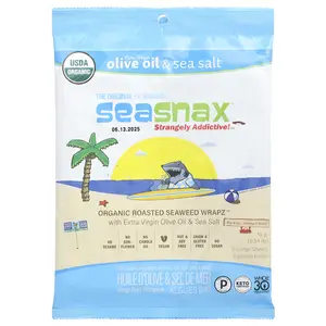SeaSnax Organic Roasted Seaweed Wrapz™, Extra Virgin Olive Oil & Sea Salt, 5 Large Sheets, 0.54 oz (15 g)