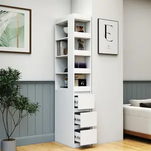 Tall Melamine Particle Board Storage Display Cabinet with 3 Side Drawers & 4 Open Shelves, Multifunctional High Capacity Organizer for Home Kitchen Living Room Office Retail Store