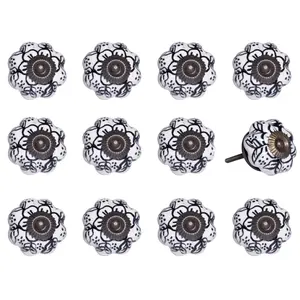 Knob-it  Vintage Hand Painted Ceramic Floral Knob Set - White & Black - Pack of 12