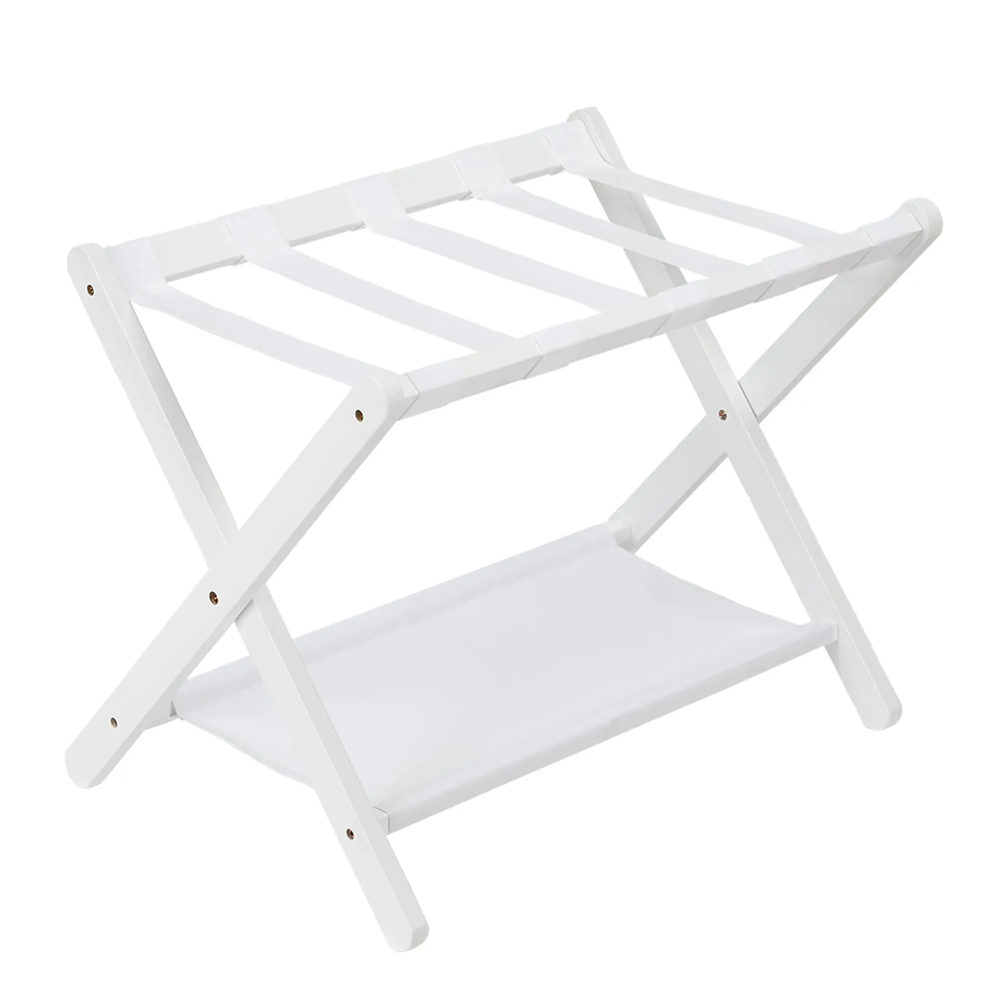 Garvee Premium Bamboo Folding Luggage Rack with Storage Shelf and Nylon Straps, Holds Up to 110 Lb, Fits Most Suitcases, Ideal for Bedrooms, Living Rooms, and Hotels, White Finish