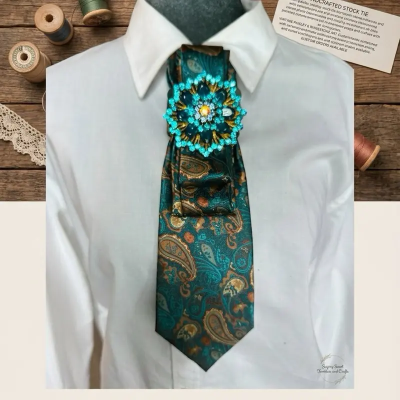 Teal Paisley Statement Tie Necklace with Rhinestone Brooch