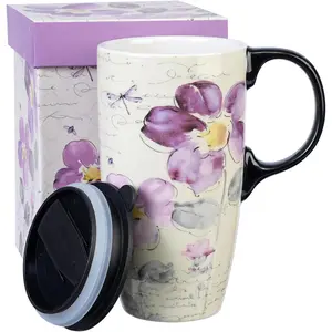 Tall Ceramic Travel Mug, 17 oz Sealed Coffee Cup Lids with Colored Box (Purple Flowers)