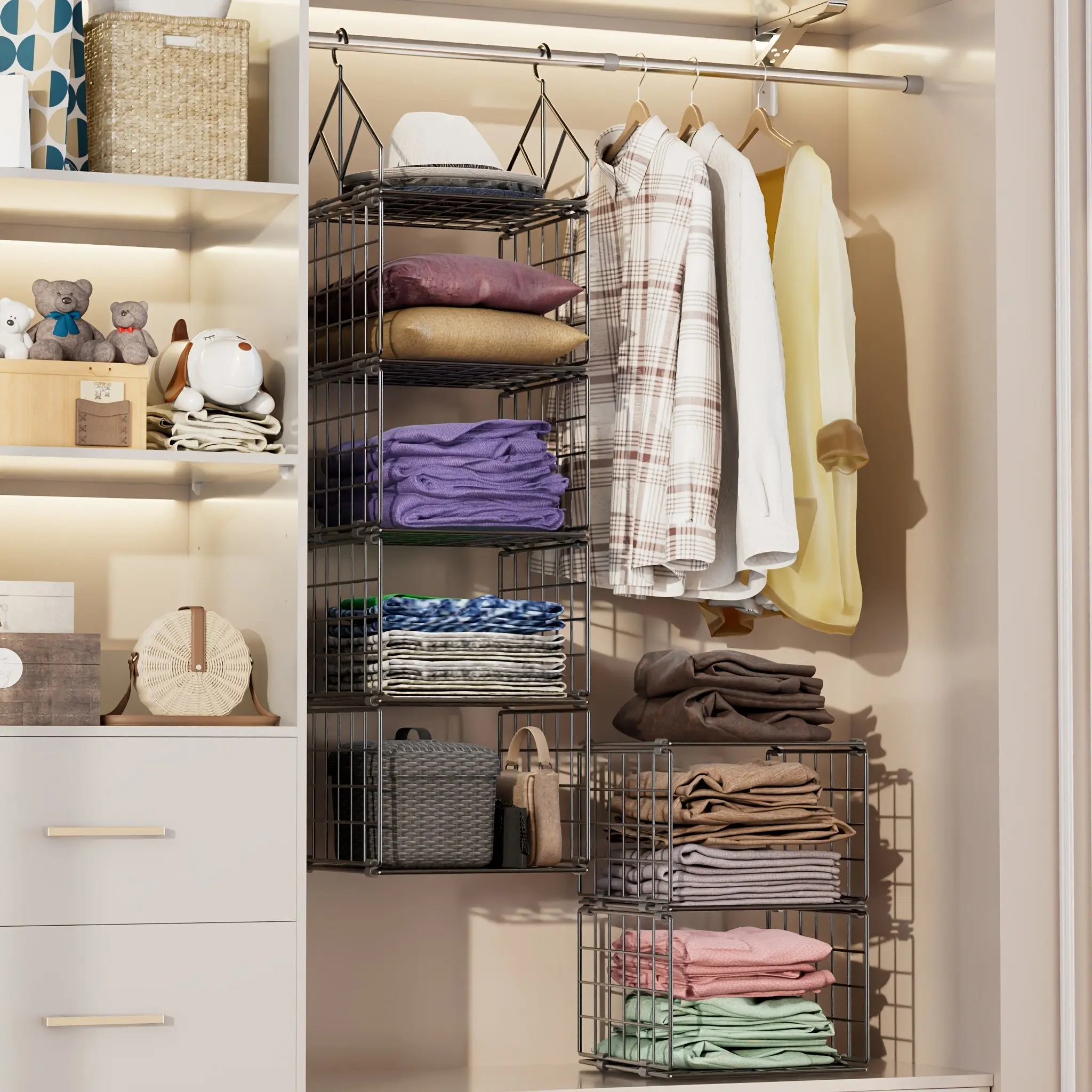 Local Warehouse 4-Tier Hanging Laundry Basket Organizer:Foldable Wire Shelf Laundry Room Organizer with 360°Rotating Hooks Small Space Solutions Closet Hanging Organizer - Laundry Organization, Shelf Baskets