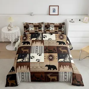 Bear Comforter Set,Deer Comforter,Rustic Bear Bedding Set,Deer Hunting Southwestern Plaid Grid Brown Duvet Set