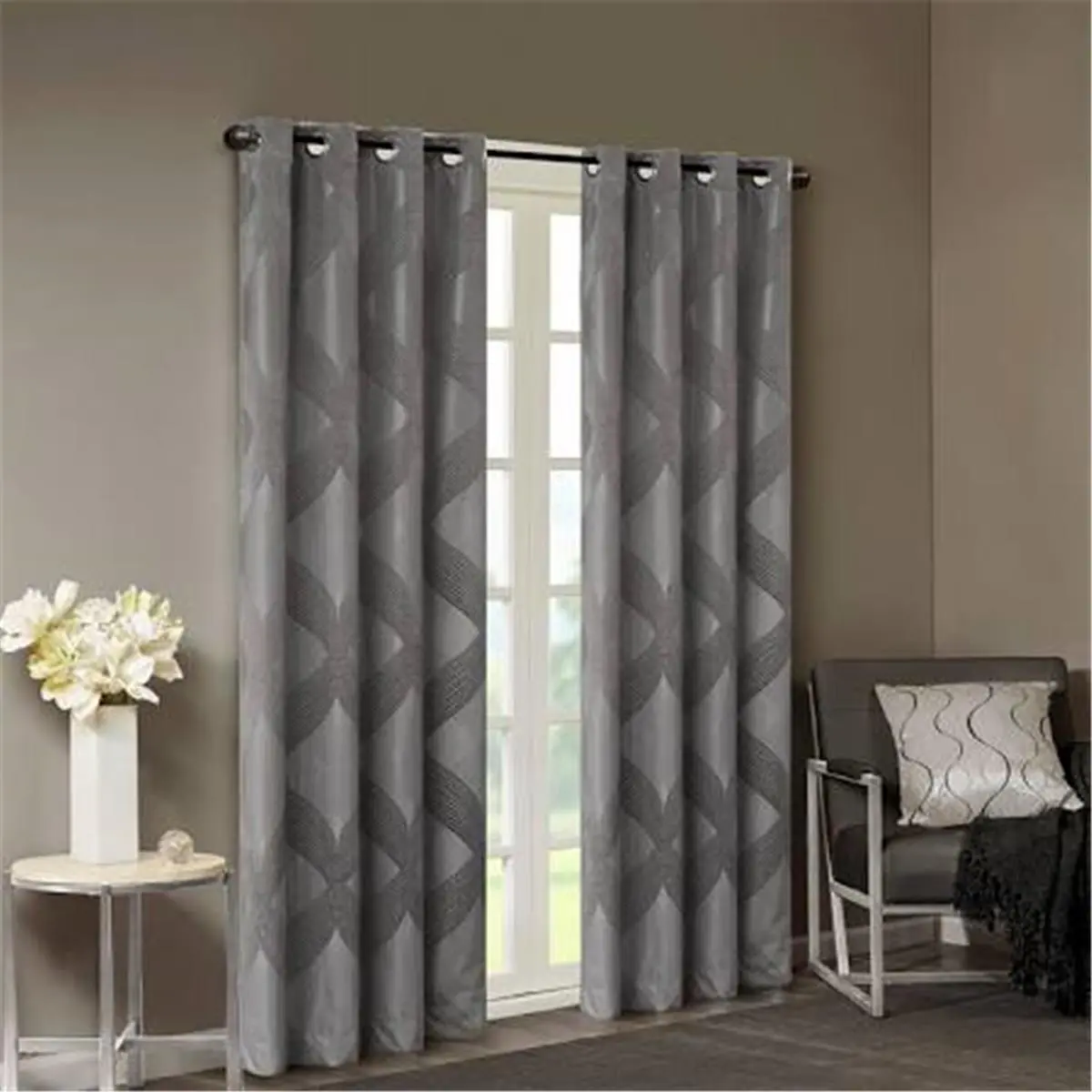 SunSmart SS40-0062 Charcoal Modern Ogee Knitted Jacquard Non-Customised Indoor Total Blackout Curtain Panel, 50x84 in, for Bedroom, with Energy Savings, Noise Protection