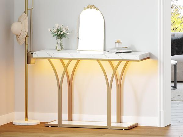 DWVO Gold Console Table with LED Lights, White and Gold Entryway Table, Modern Narrow Sofa Side Foyer Accent Table with Faux Marble Top Luxury for Hallway, Living Room