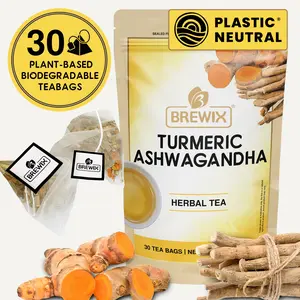 BREWIX Turmeric Ashwagandha Tea | Adaptogenic Herbal Tea Bags for Daily Calm | 20-50 Bags