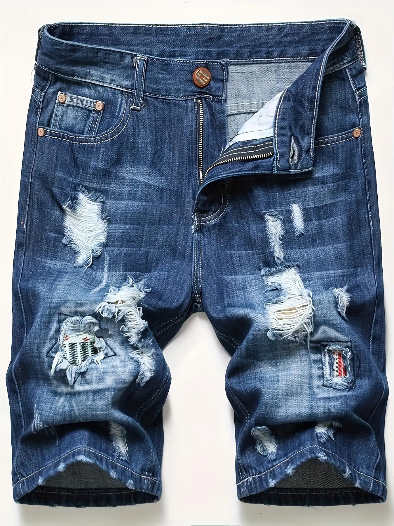 Men's Cotton Distressed Ripped Patchwork Denim Shorts, Y2K Streetwear Vintage Washed Jean Shorts, Casual Summer Knee-Length Bottoms, High Street Fashion
