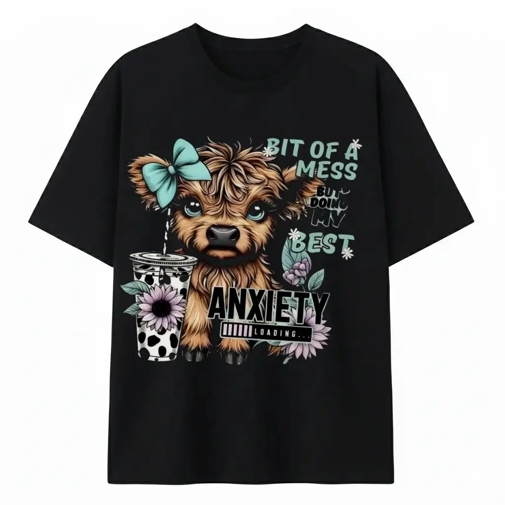 Highland Cattle Print Shirts for Women, Soft Cotton Blend Relaxed Fit Top with Round Neck, Shortsleeve Streetwear Women's Clothing, Skin-Friendly, Anxiety Theme, Maintains Shape And Print Quality, Clothes, Casual
